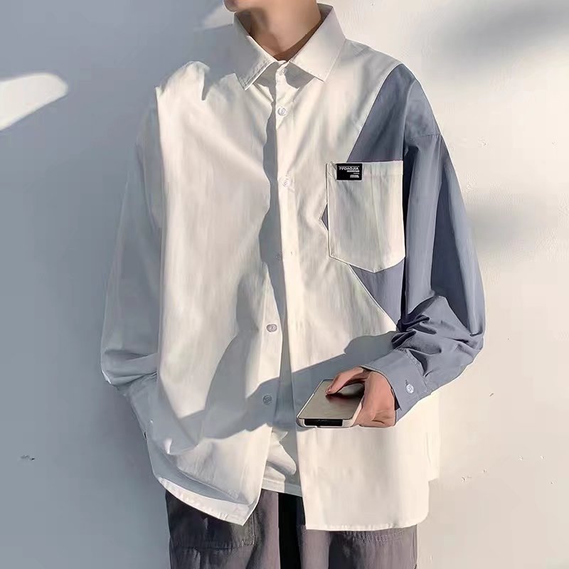 DeweLvum匠心制作！一眼就爱上!新款拼接宽松休闲翻领长袖衬衫男潮