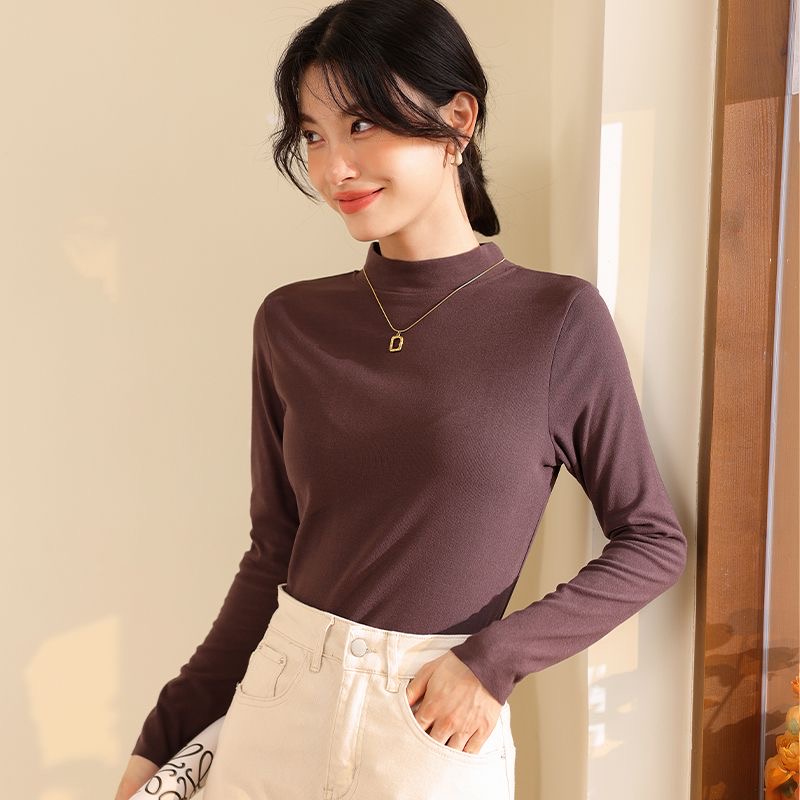 【买一送一】半高领打底衫女秋冬磨毛新款内搭显瘦中领加绒保暖上衣