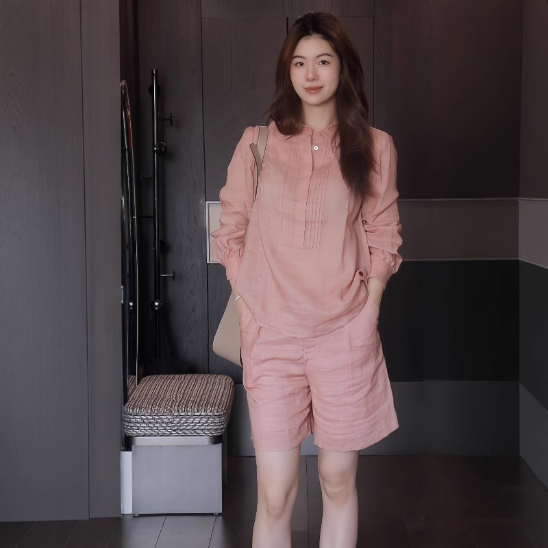 韩系温柔橘粉色衬衫棉麻套装女2025夏小众宽松亚麻衬衣短裤一整套
