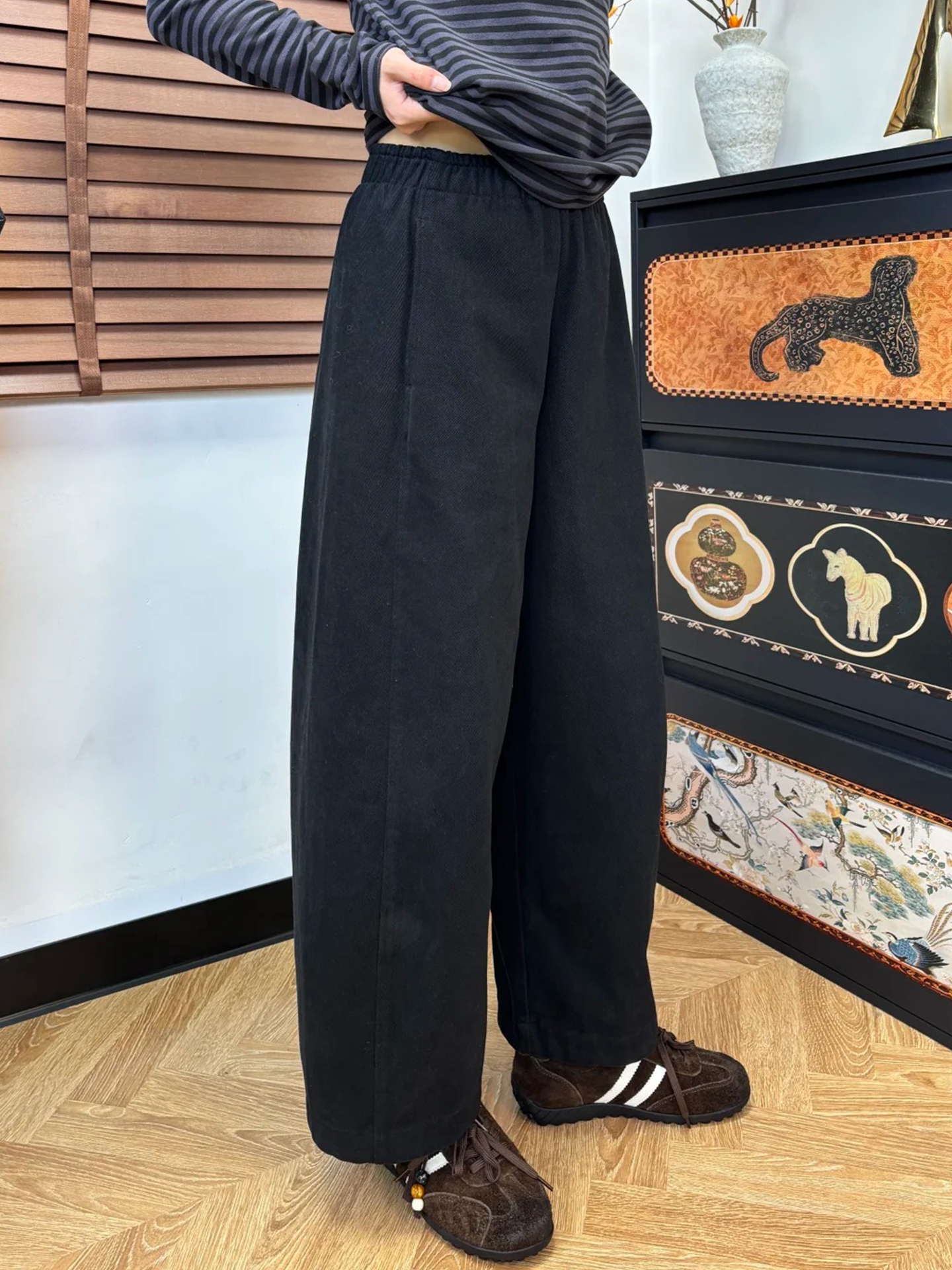 黑色裤子冬加厚日系九分直筒裤女宽松梨型身材遮胯加绒阔腿工装裤