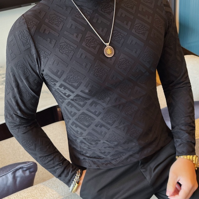 半高领长袖T恤男秋季新款高级感潮流提花修身弹力中领紧身打底衫