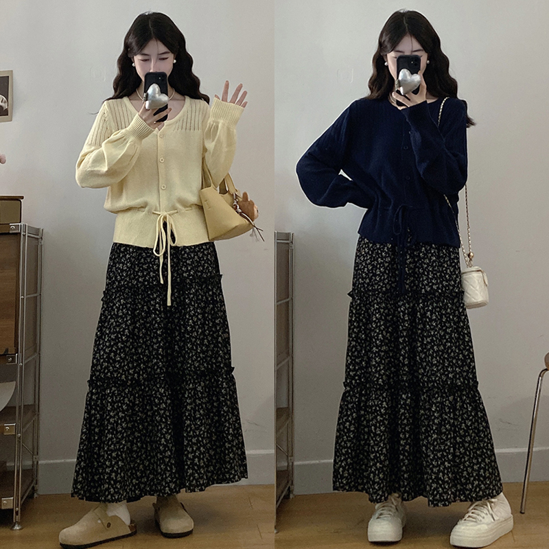 大码胖mm秋季新款女时尚温柔圆领针织上衣碎花半身裙两件套装女