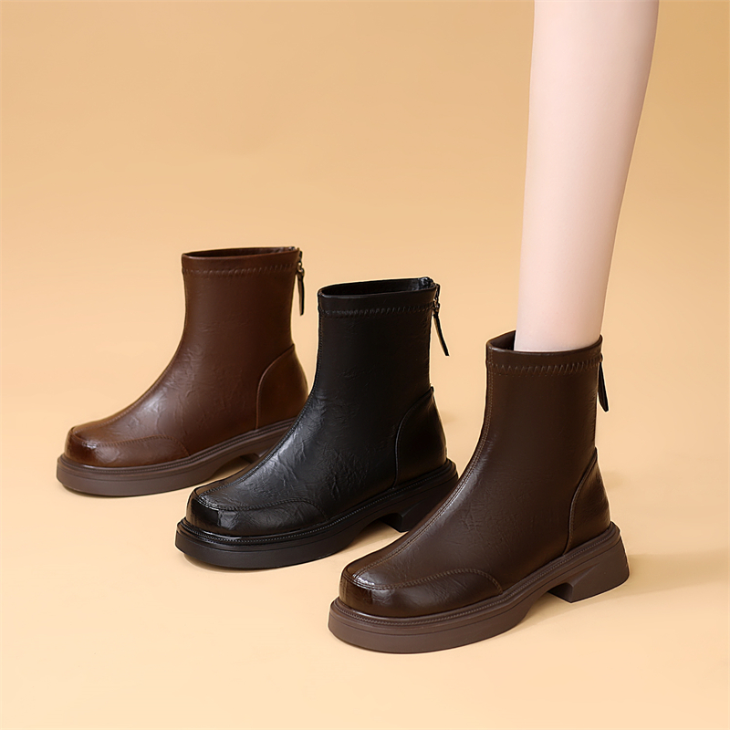 后拉链防水台英伦风短筒春秋新款圆头马丁靴粗跟平底瘦瘦靴秋季