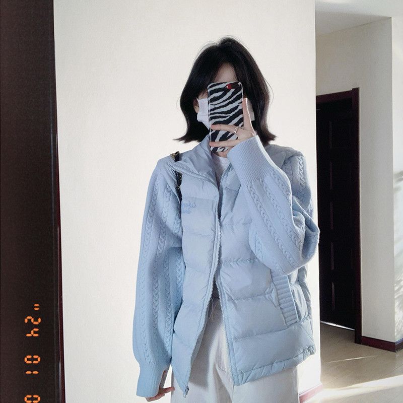 法式文艺通勤风拼接蓝色针织棉服外套时法式女士冬季加厚连帽棉服