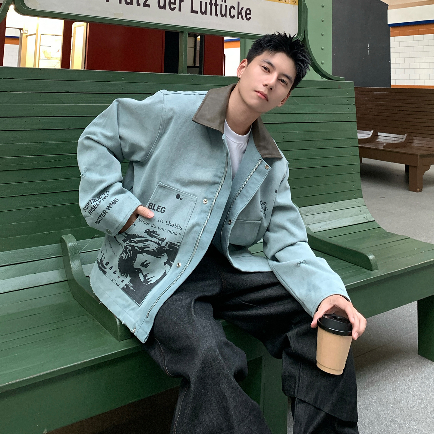 Holocene美式潮牌个性街头手绘涂鸦夹克男秋宽松百搭翻领外套BR42