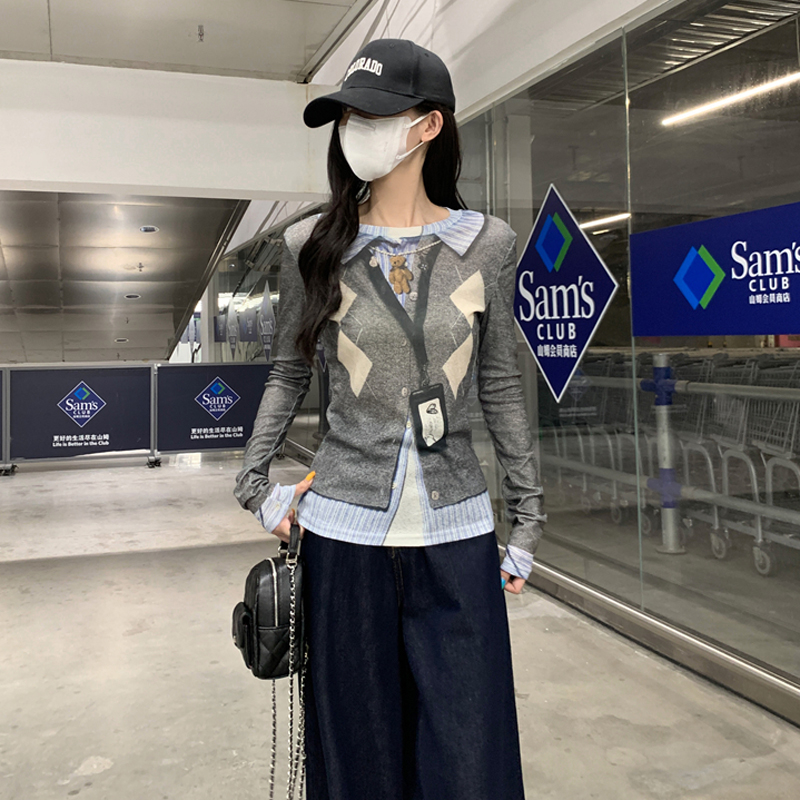 潮流假两件上衣女秋长袖趣味3D打印针织衫2025独特漂亮减龄装洋气