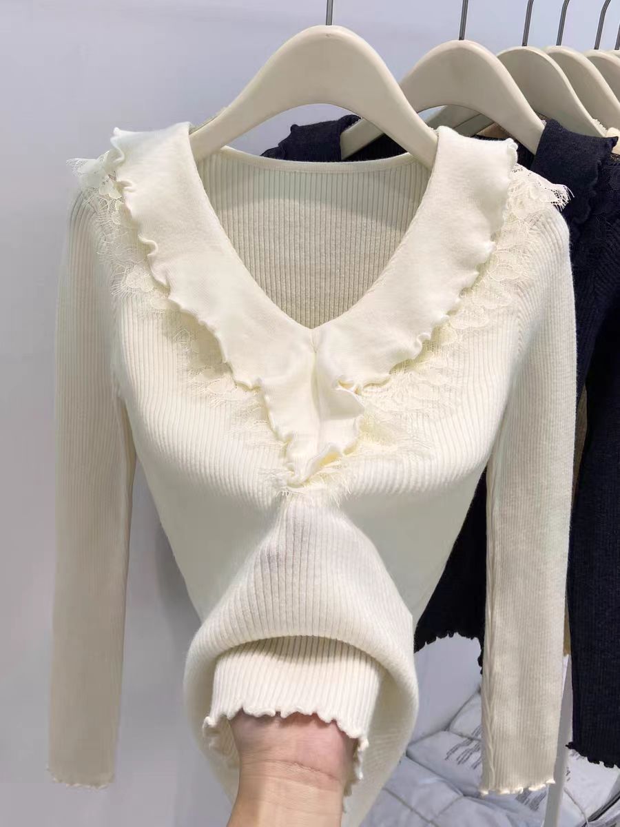 法式V领荷叶边蕾丝拼接针织衫女冬季新款修身显瘦木耳边打底上衣
