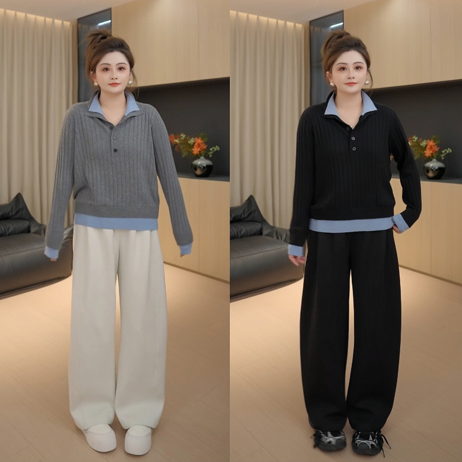 【胖佳佳】拼色叠叠乐 假两件长袖毛衣秋季时尚显瘦女H625Z13062