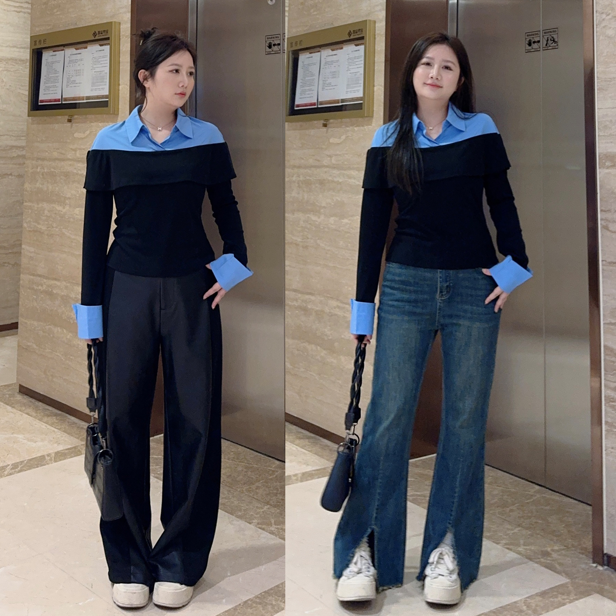 大萌萌【现货】时尚撞色假两件百搭拼接衬衫春季微胖显瘦P225C01252