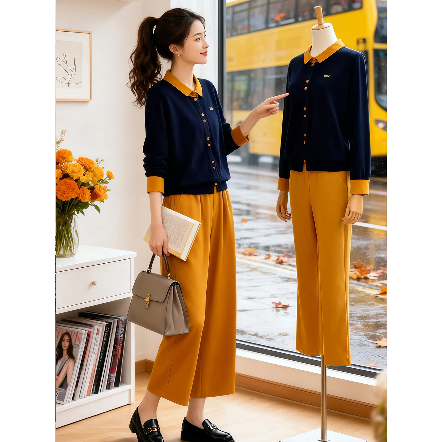 2026春秋季新款设计感洋气撞色翻领针织衫上衣松紧腰九分裤套装女