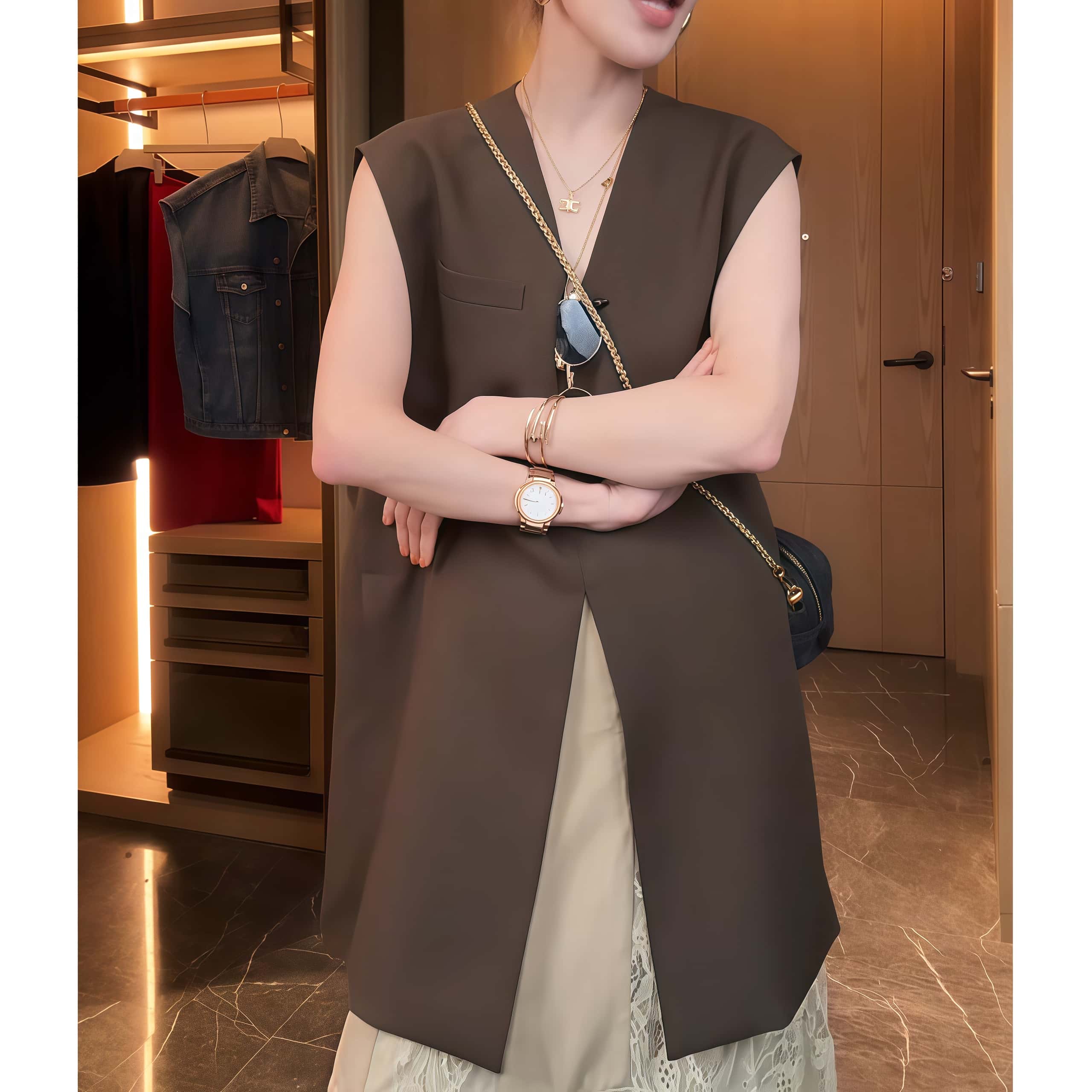 2025早秋新款宽松高级感无袖马甲时尚v领设计气质百搭背心外套女