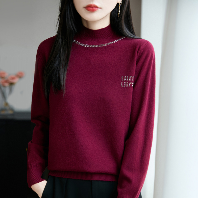 羊毛衫女装半高领长袖秋冬新款针织衫烫钻宽松毛衣时尚百搭打底衫