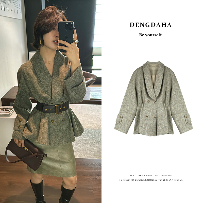 DENGDAHA「巴黎美院」高比例羊毛 复古老钱青果领伞摆外套 A315