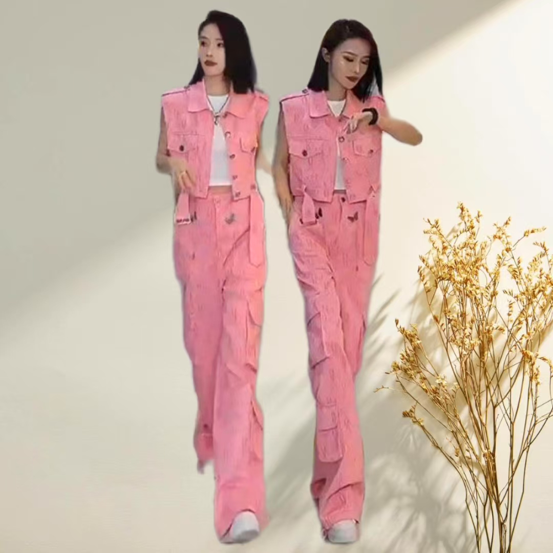 时髦网红阔腿裤粉色套装2025秋季新工装风洋气减龄宽松马甲休闲裤