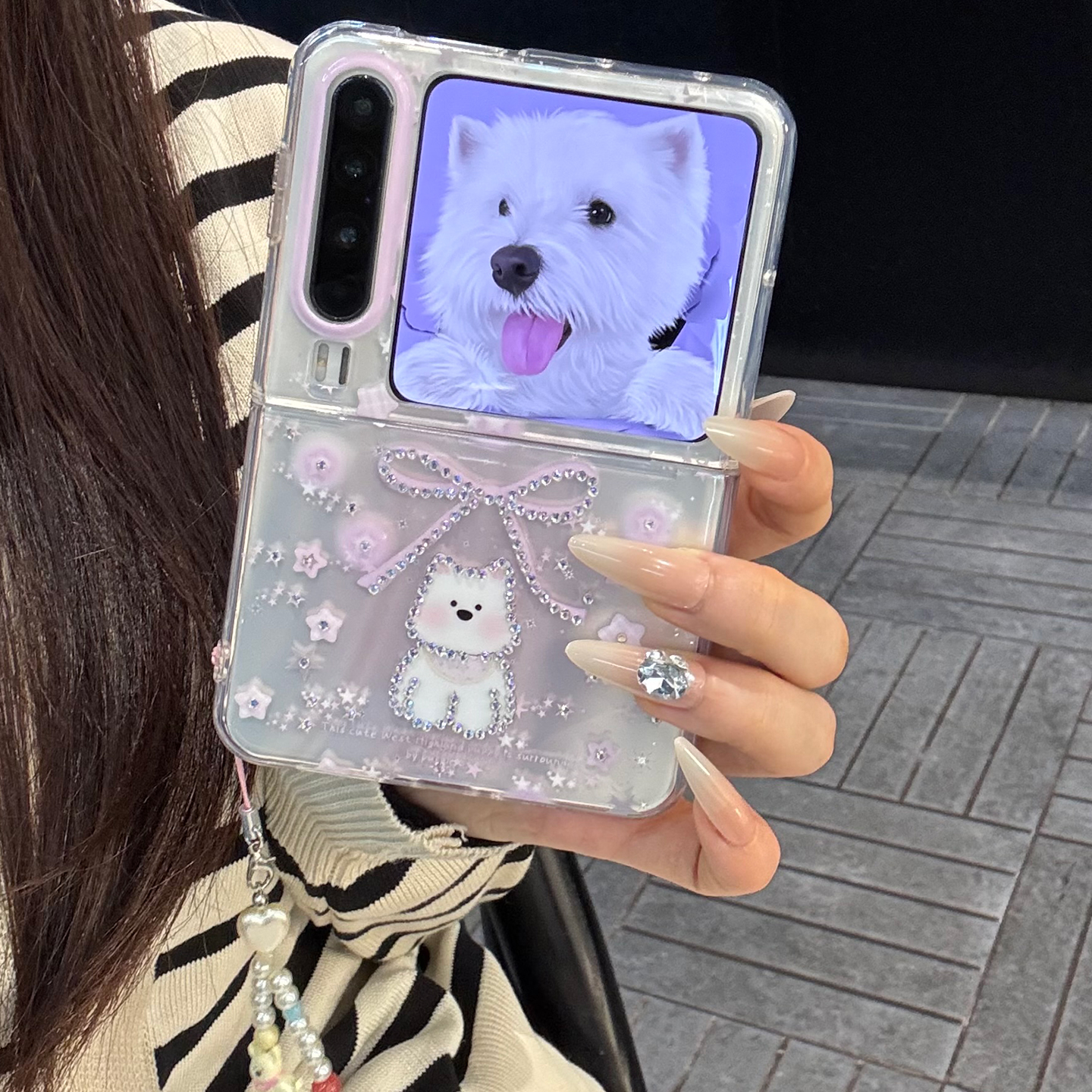 适用华为purax典藏版折叠屏手机壳PuraX水钻蝴蝶结西高地狗狗链条