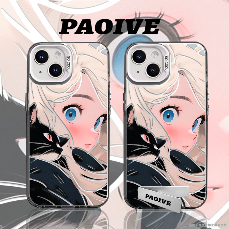 黑猫女孩适用苹果华为vivo一加iPhone小米三星防摔彩银手机壳