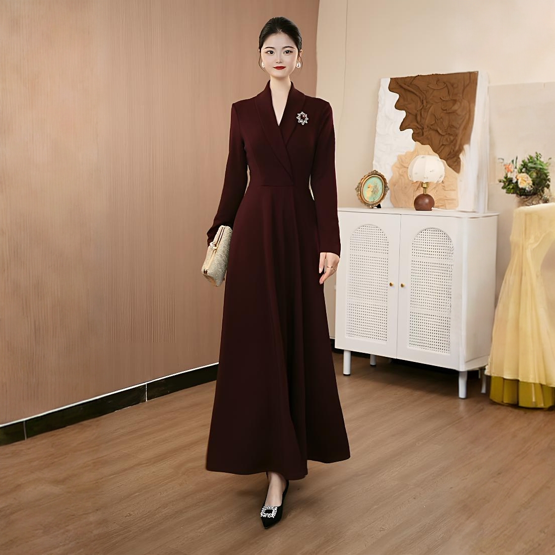 喜妈波尔多酒红色连衣裙长款加绒保暖大摆过收腰显瘦长裙优雅