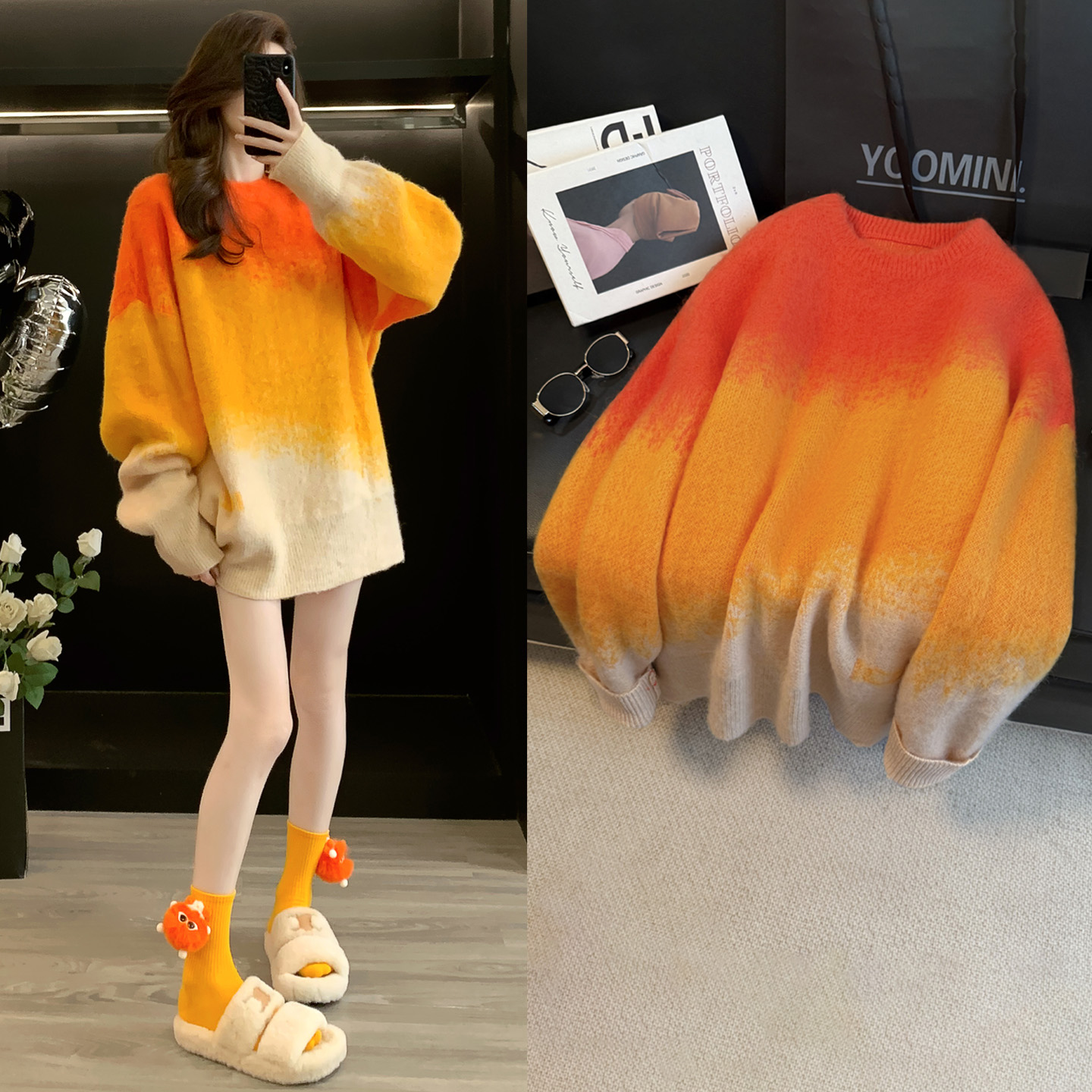 慵懒风中长款渐变毛衣女高档宽松新款春秋韩版洋气时髦气质针织衫