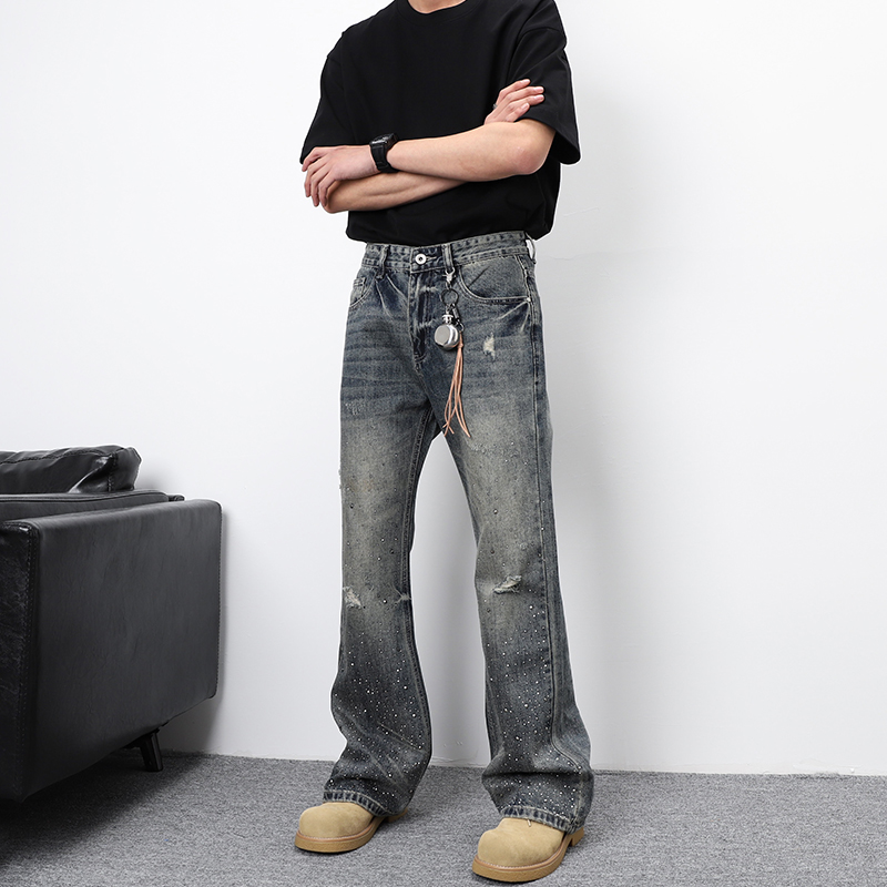 SYBBZ美式高街微喇裤男潮牌烫钻痞帅宽松微喇直筒牛仔裤男破洞裤