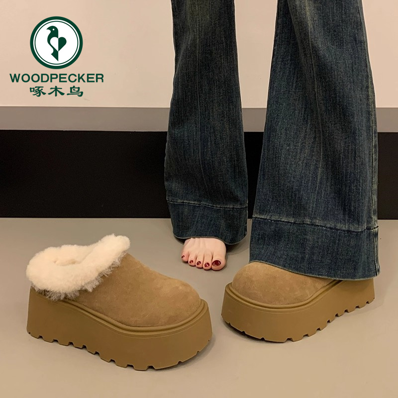 啄木鸟厚底加绒毛毛勃肯鞋女包头半拖外穿2025冬季新款雪地棉拖鞋