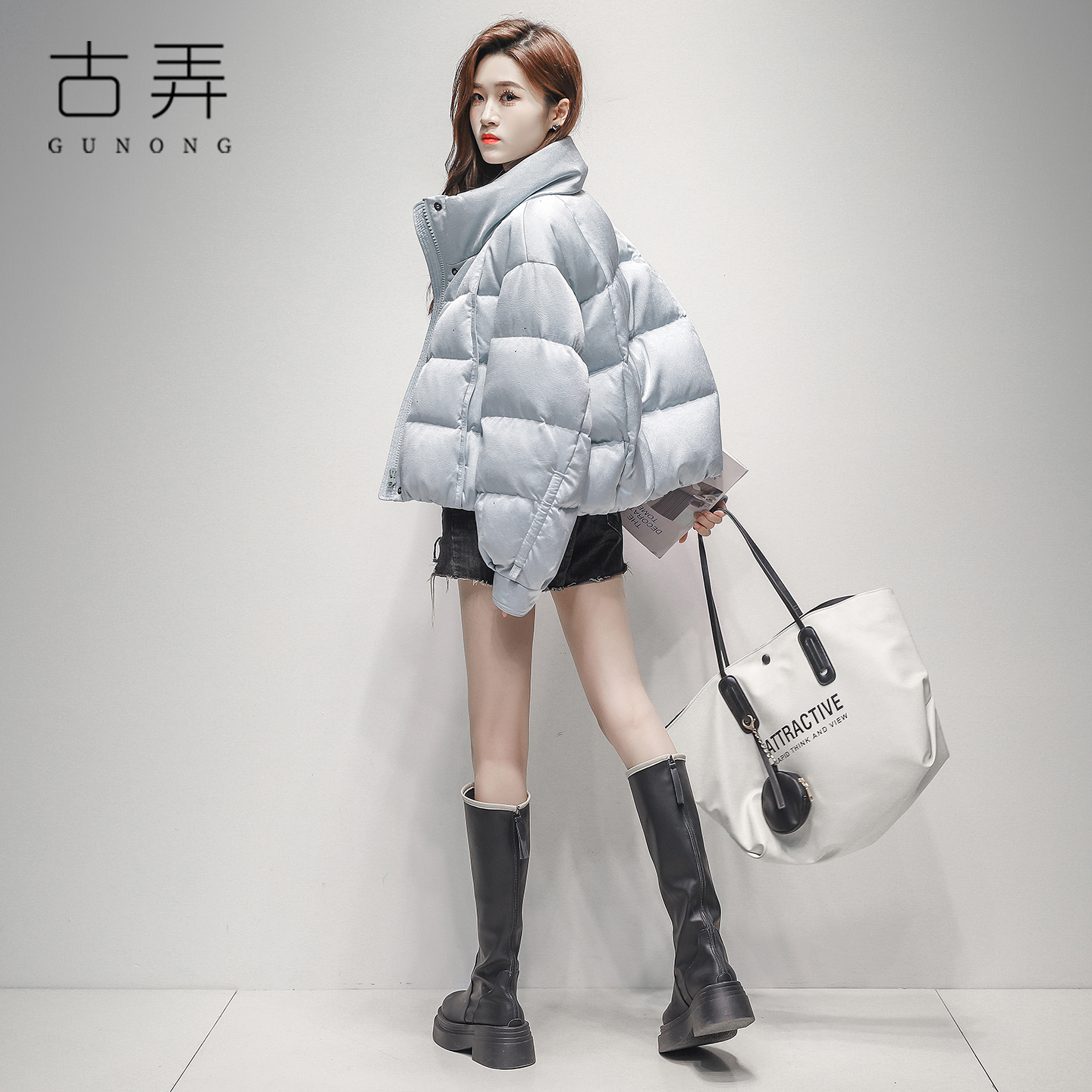 立领短款泡芙羽绒服女直筒冬季鸭绒保暖时尚面包服小个子蓬松外套