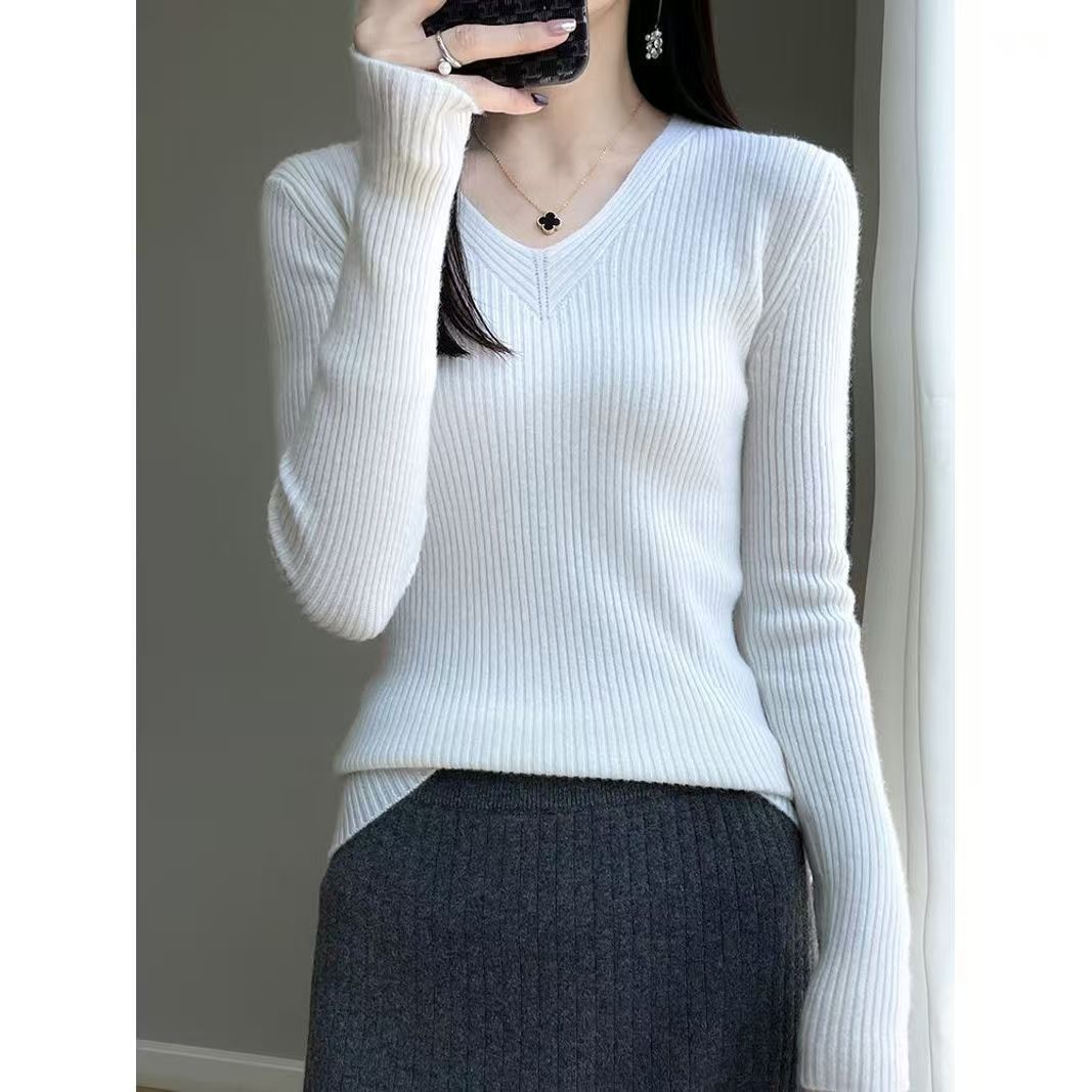 V领针织打底衫女士修身内搭保暖毛衣显瘦气质羊毛衫2025春秋上衣