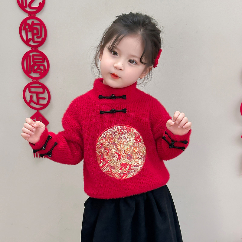 女童加绒毛衣儿童韩版洋气加厚针织衫小女孩宝宝秋冬装年服2025新