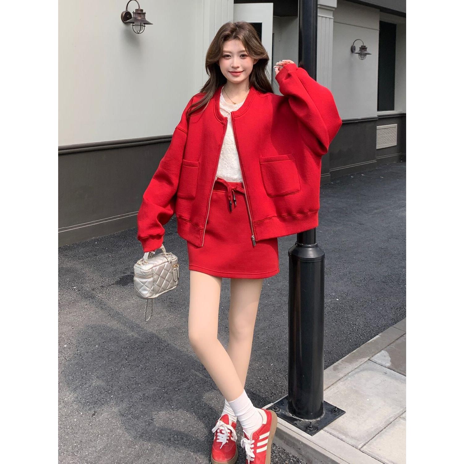 出游休闲卫衣套装裙女春秋新款拉链棒球服外套高腰显瘦短裙两件套