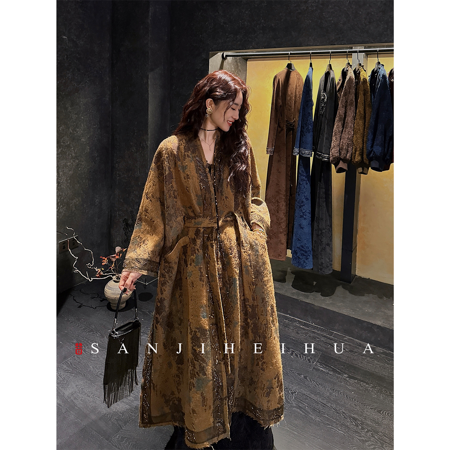 三吉黑花【折腰】新中式织金提花重羊毛工大衣国风毛呢外套中长款