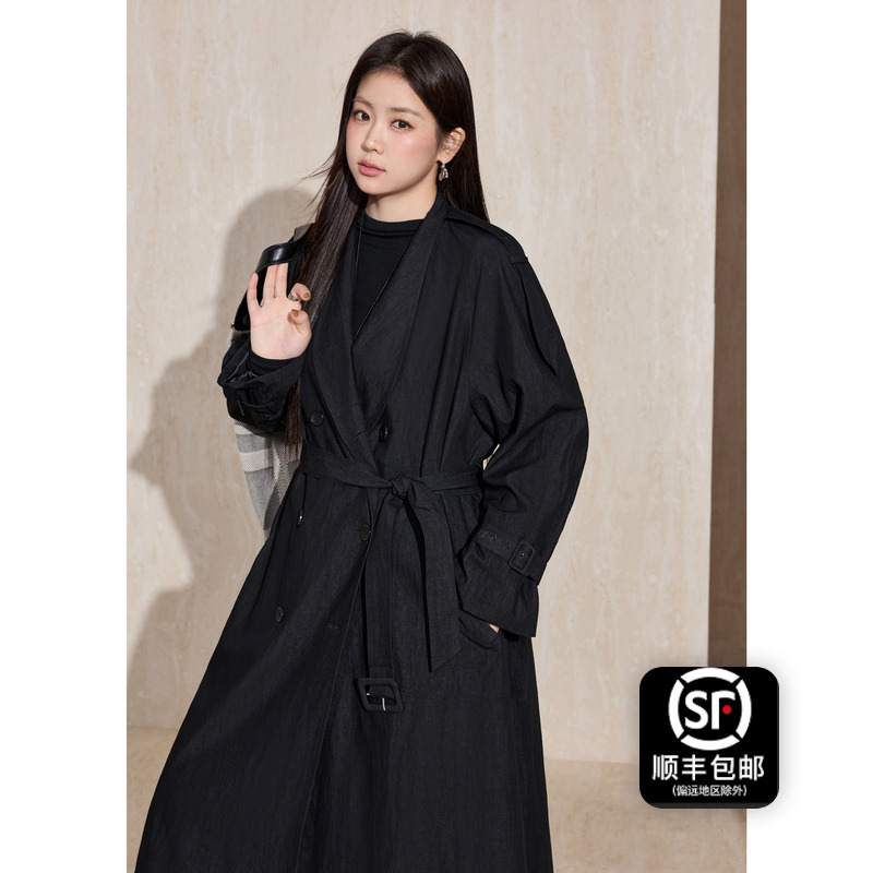 蓝语大码女装气质宽松廓形双排扣风衣2025秋季新品中长款系带外套