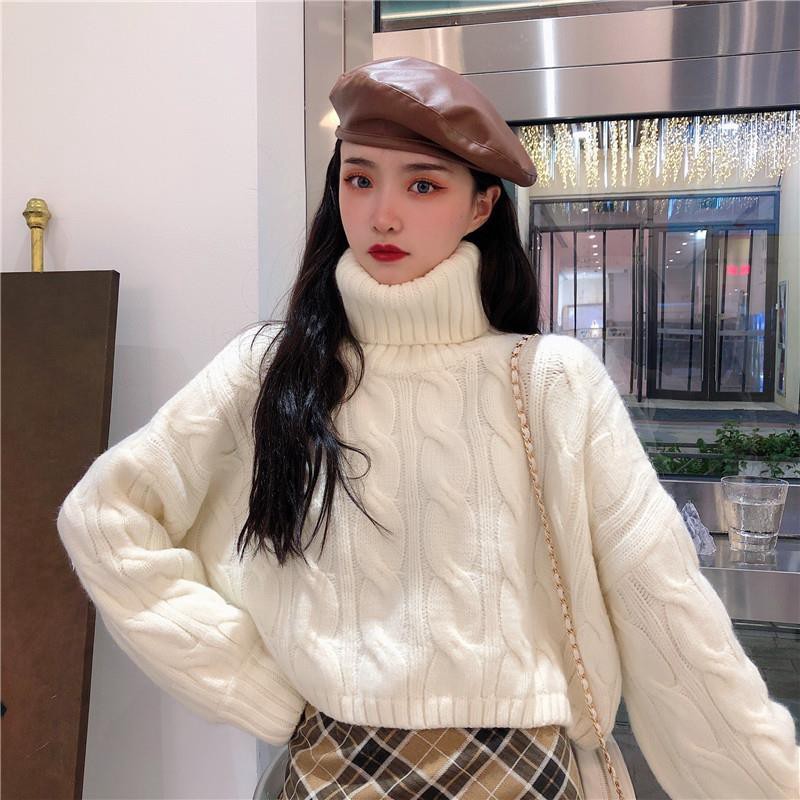 新款慵懒风套头内搭秋冬季毛衣女宽松高领短款复古花打底针织衫