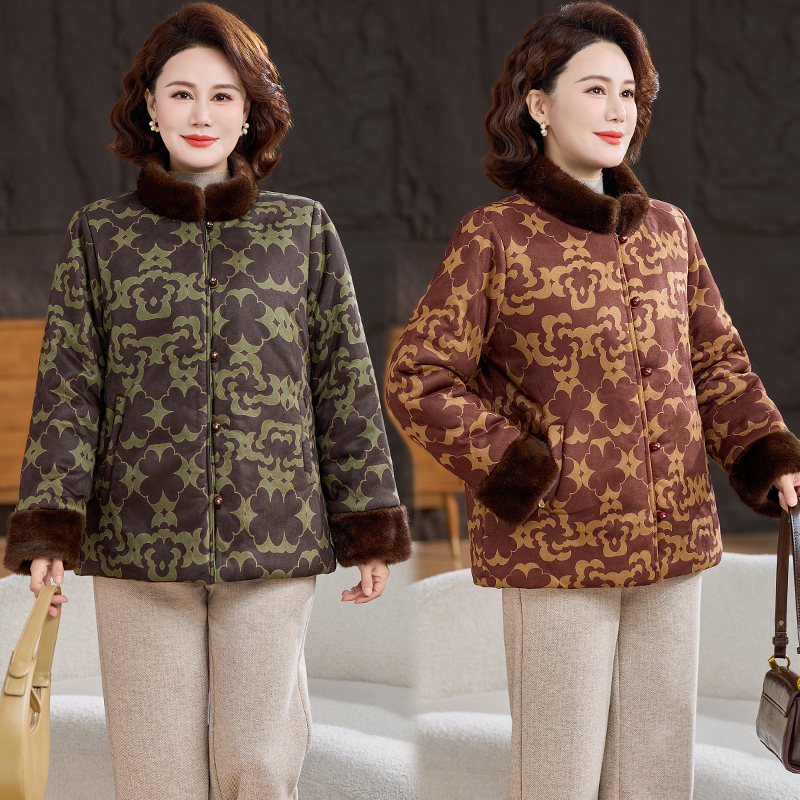 210斤大码妈妈装加绒加厚宽松中老年女装保暖冬季复古花色棉衣女