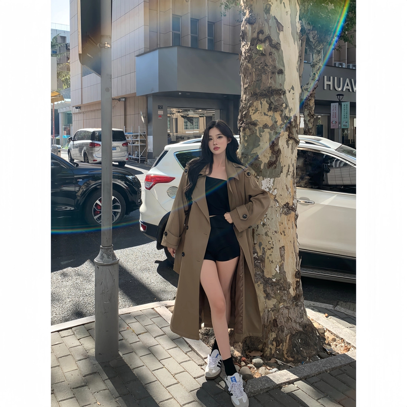 【漫步城市】UM家2025秋季新款卡其色长款欧若风韩版H型风衣外套女