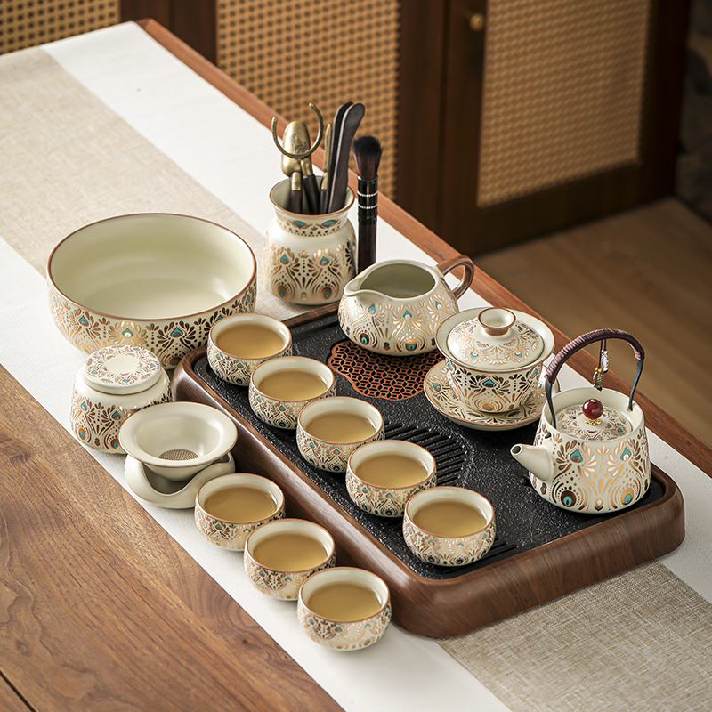 新款敦煌汝窑功夫茶具套装盖碗手抓壶提梁壶办公会客家用礼盒装