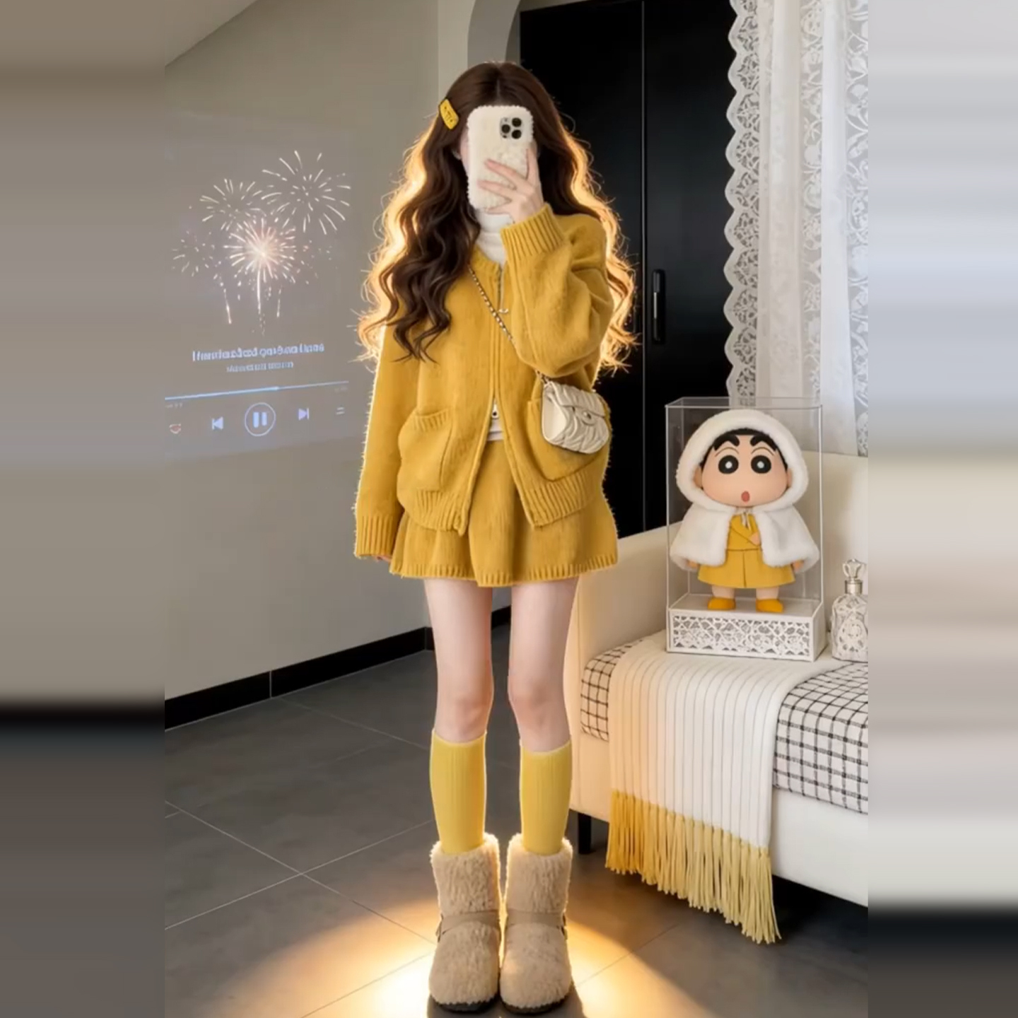 慵懒风小个子黄色针织连衣裙子秋冬新款网红韩系高级感两件套短裙