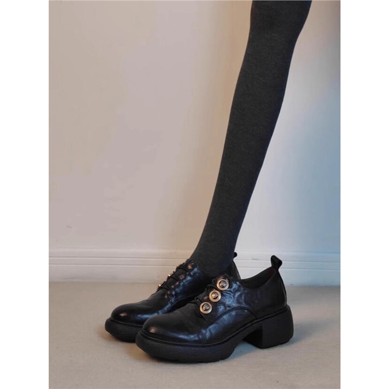 英伦风复古百搭厚底小皮鞋女一脚蹬圆头单鞋女粗跟时尚纽扣乐福鞋