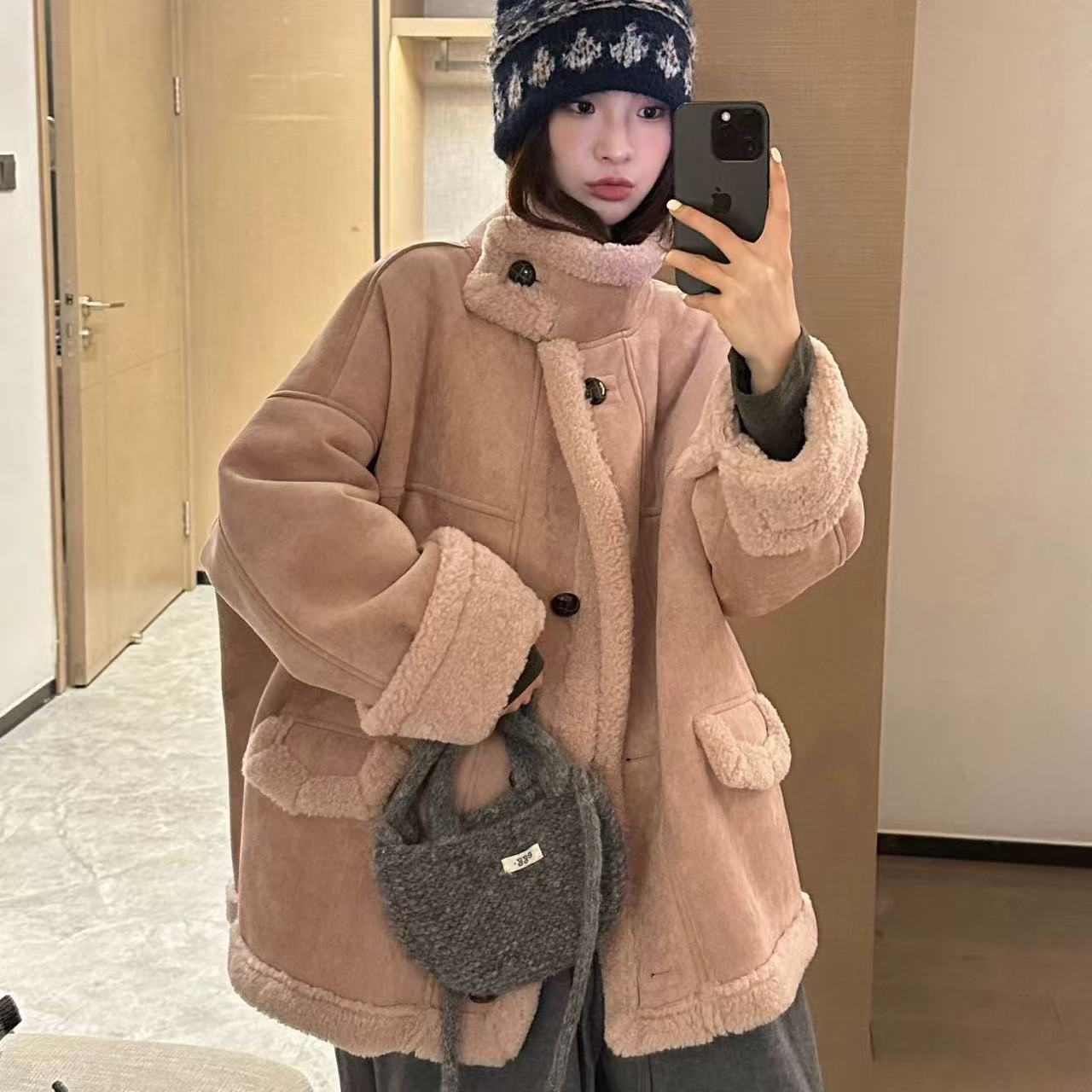 韩系立领设计感单排扣皮毛一体外套2025冬新羊羔毛中长款大衣女潮