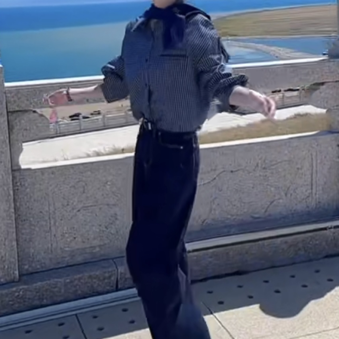 早秋新款休闲风百搭格子衬衫披肩高腰阔腿裤女装