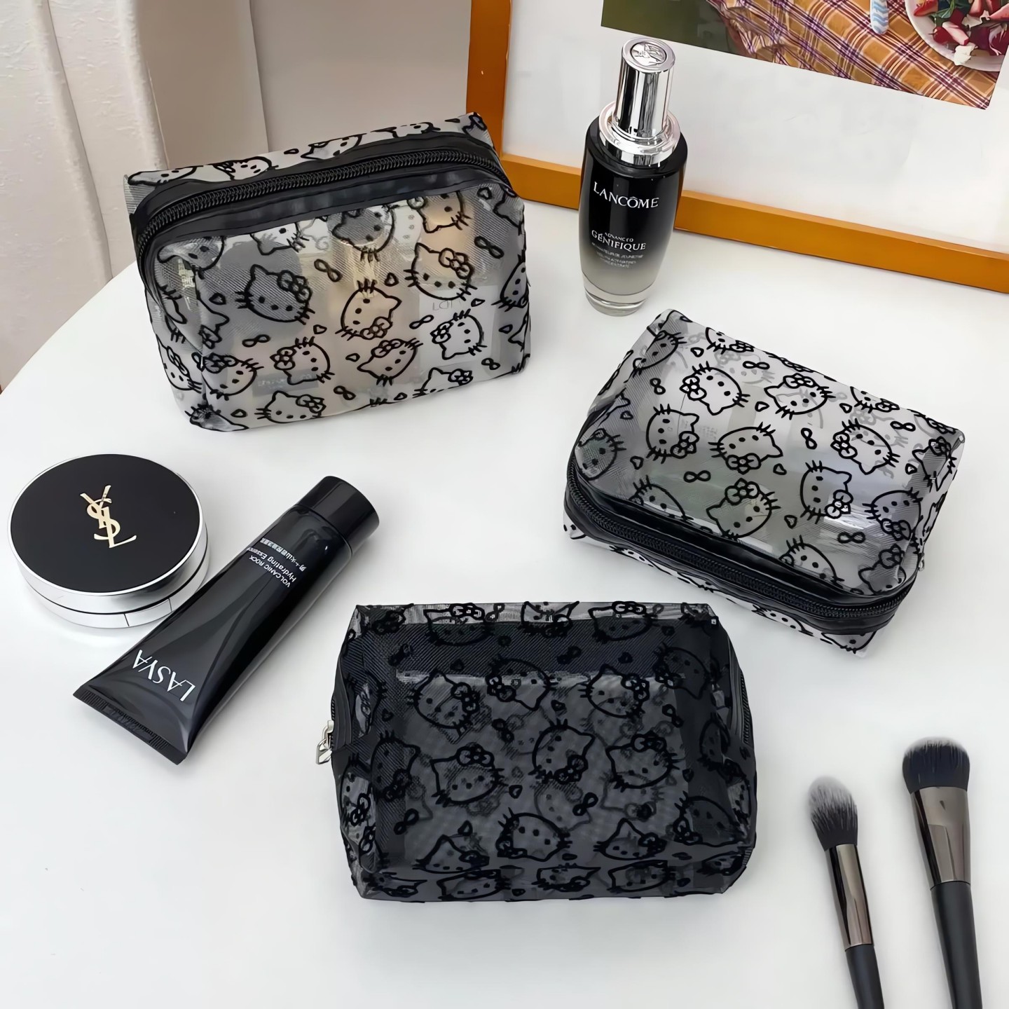 可爱kitty网纱补妆包日用便携外出数据线杂物收纳包便携小手拿包