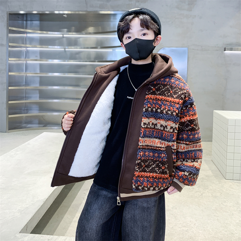 男童冬季羊羔绒外套加绒加厚2025新款大童冬装棉衣儿童毛毛衣棉服