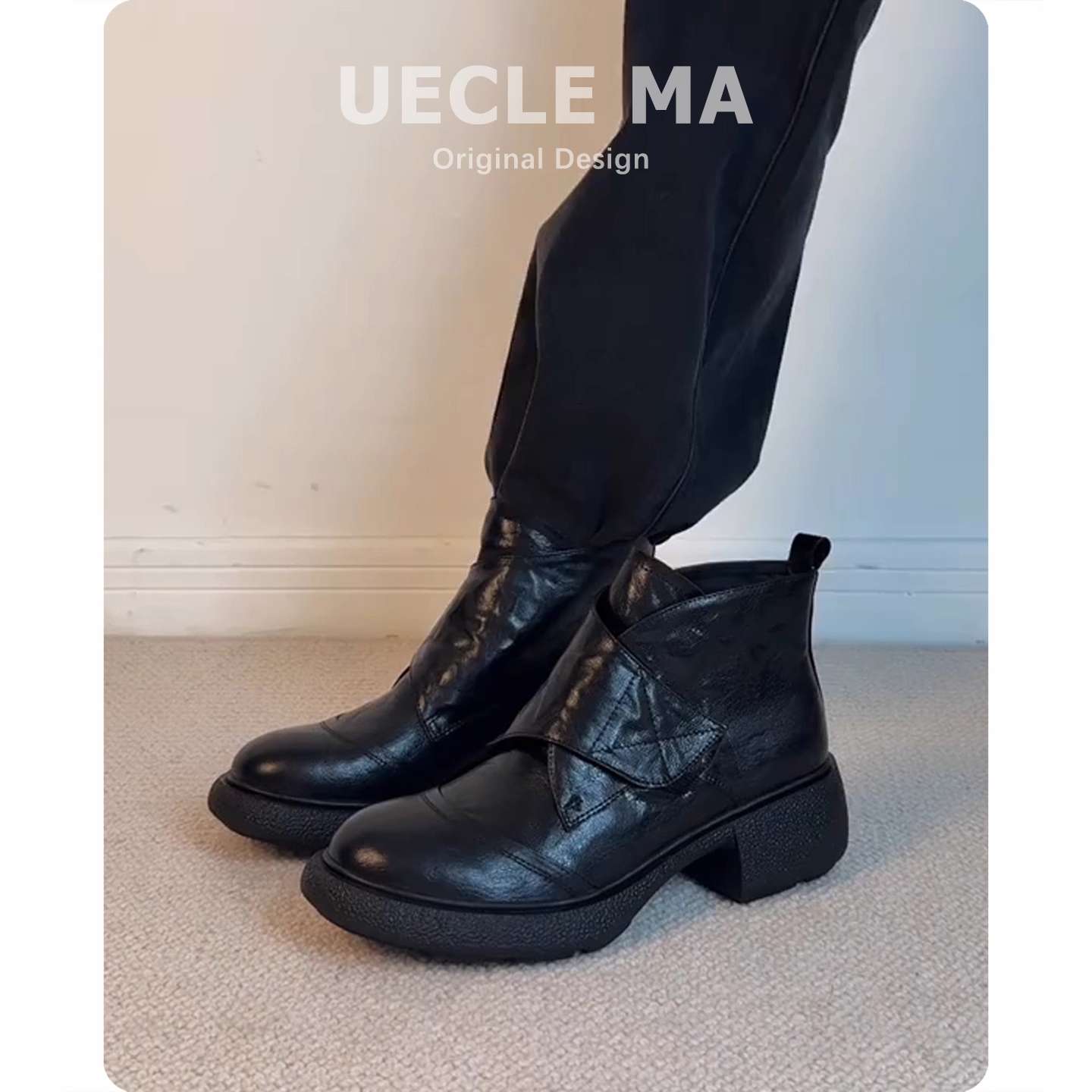 【万达撤柜】牛皮版松糕厚底短靴女复古魔术贴小个子增高瘦瘦靴显