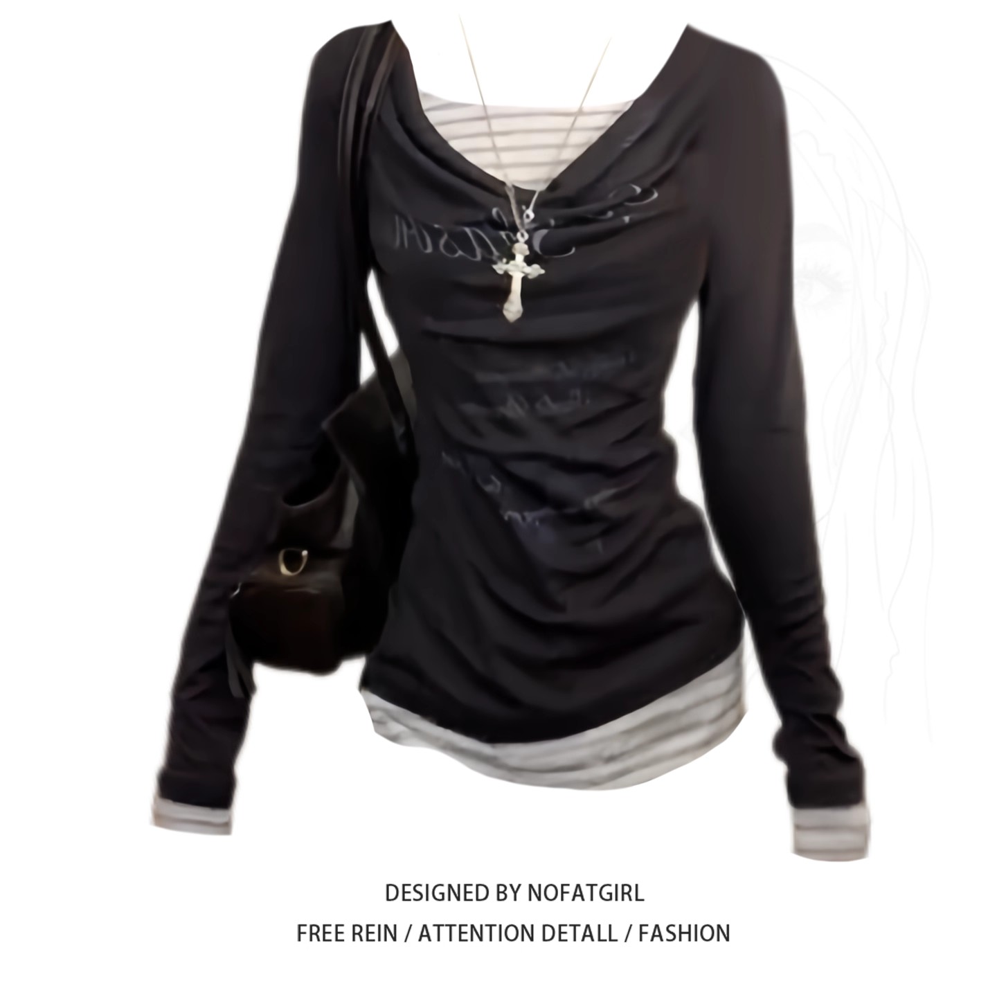 大码胖MM美式复古假两件拼接长袖t恤女早秋新款修身显瘦别致上衣