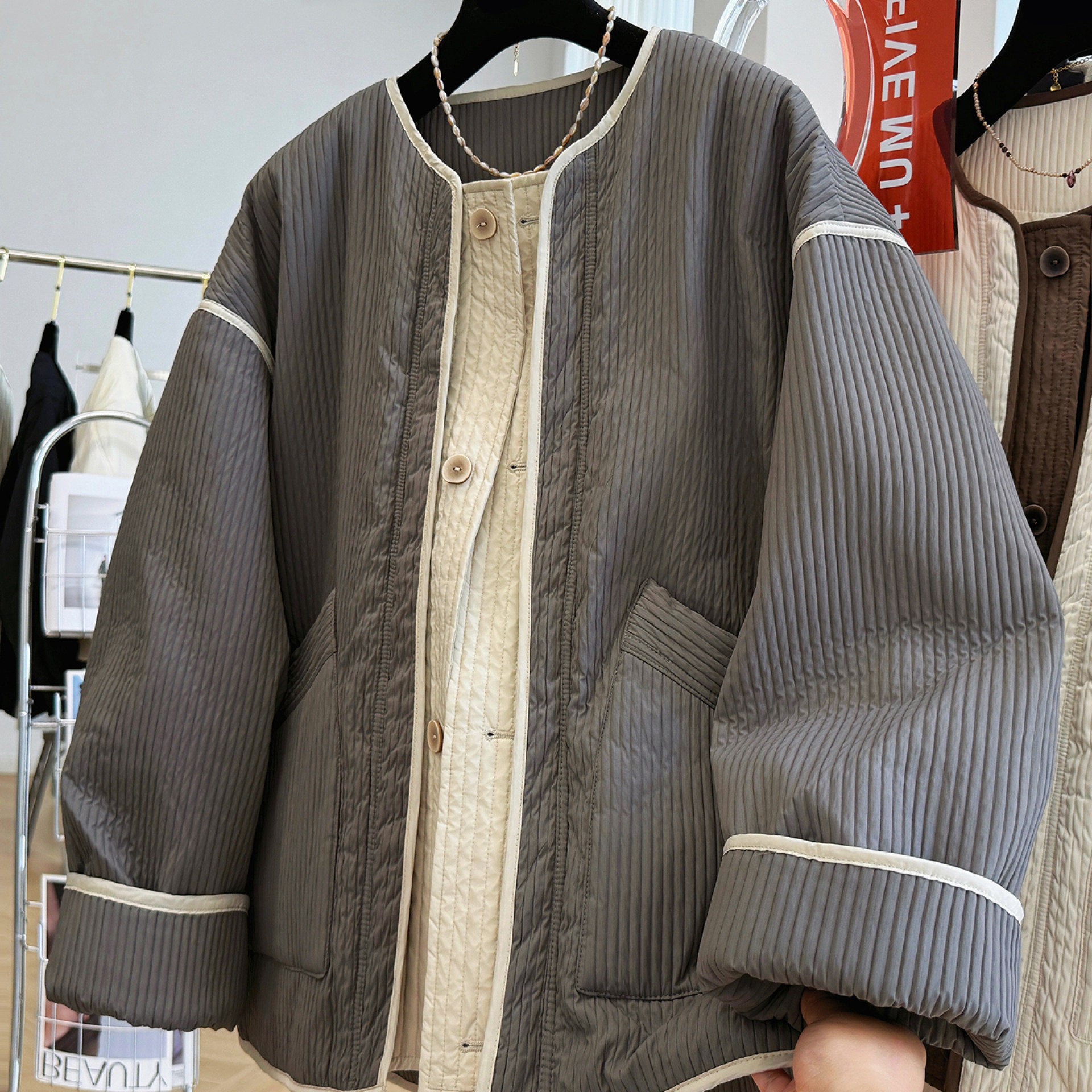 日系慵懒风宽松圆领拼接棉服外套女2025秋冬时尚复古显瘦百搭棉衣
