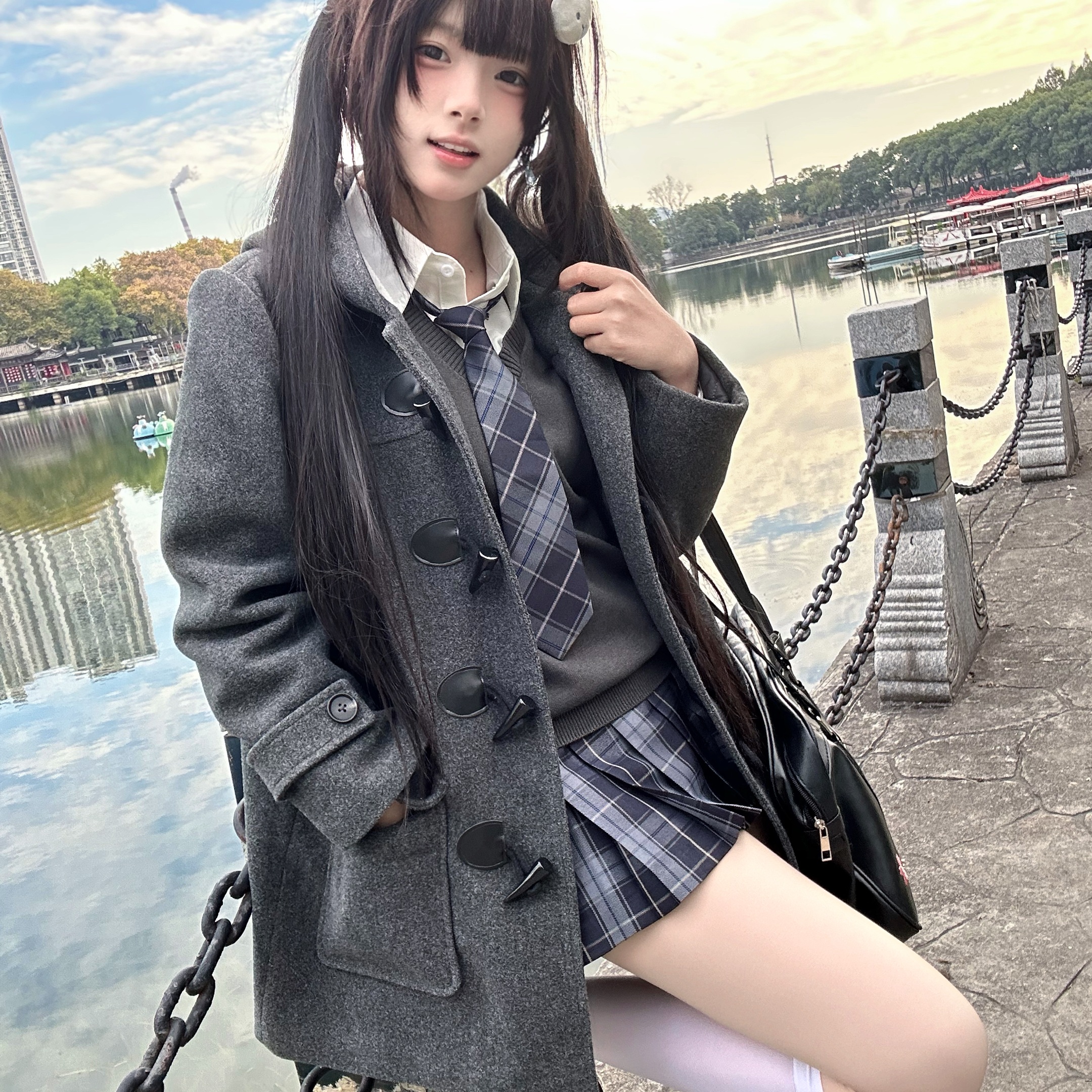 曼月熊jk大衣夹棉冬季学院风毛呢外套呢子日系牛角扣大衣中长款