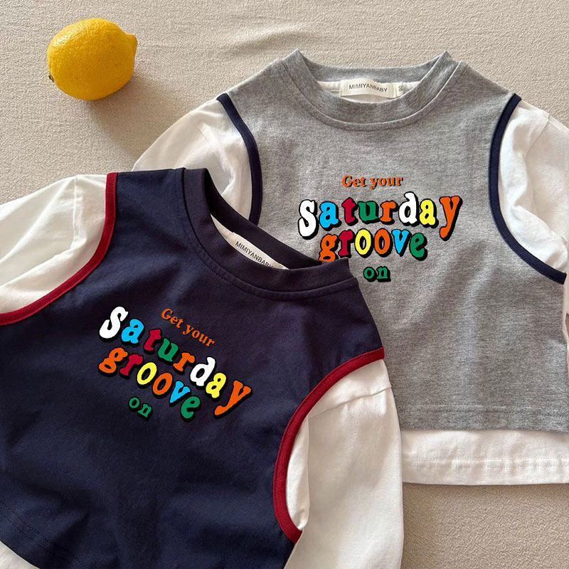 纯棉春秋新款男女宝宝中小童假两件T恤儿童圆领卡通印花小新上衣t