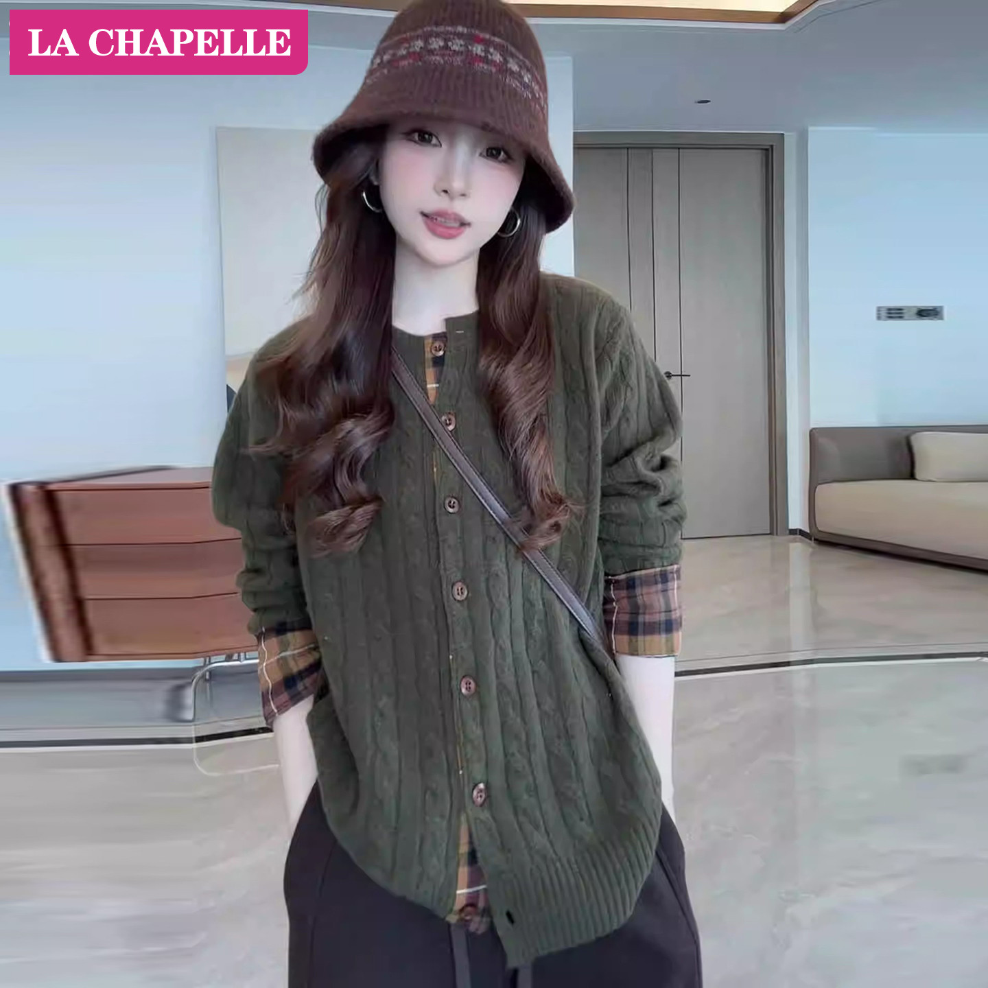 拉夏贝尔复古慵懒感宽松圆领针织开衫女小众设计拼接格子麻花毛衣