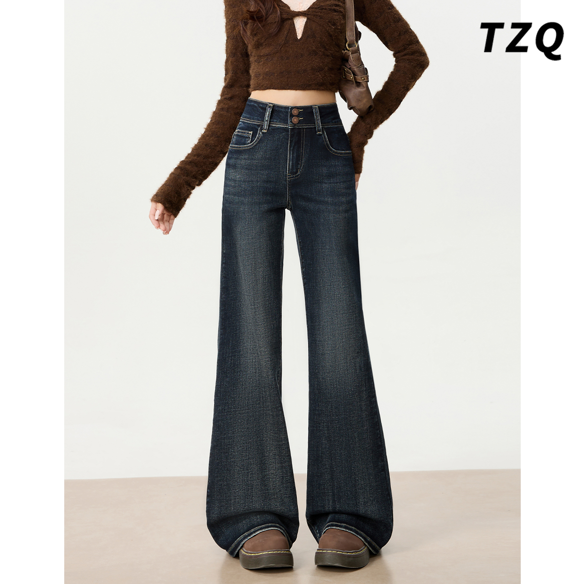蓝灰色美式加绒复古双扣微喇叭裤秋冬爆款弹力高腰显瘦牛仔裤女
