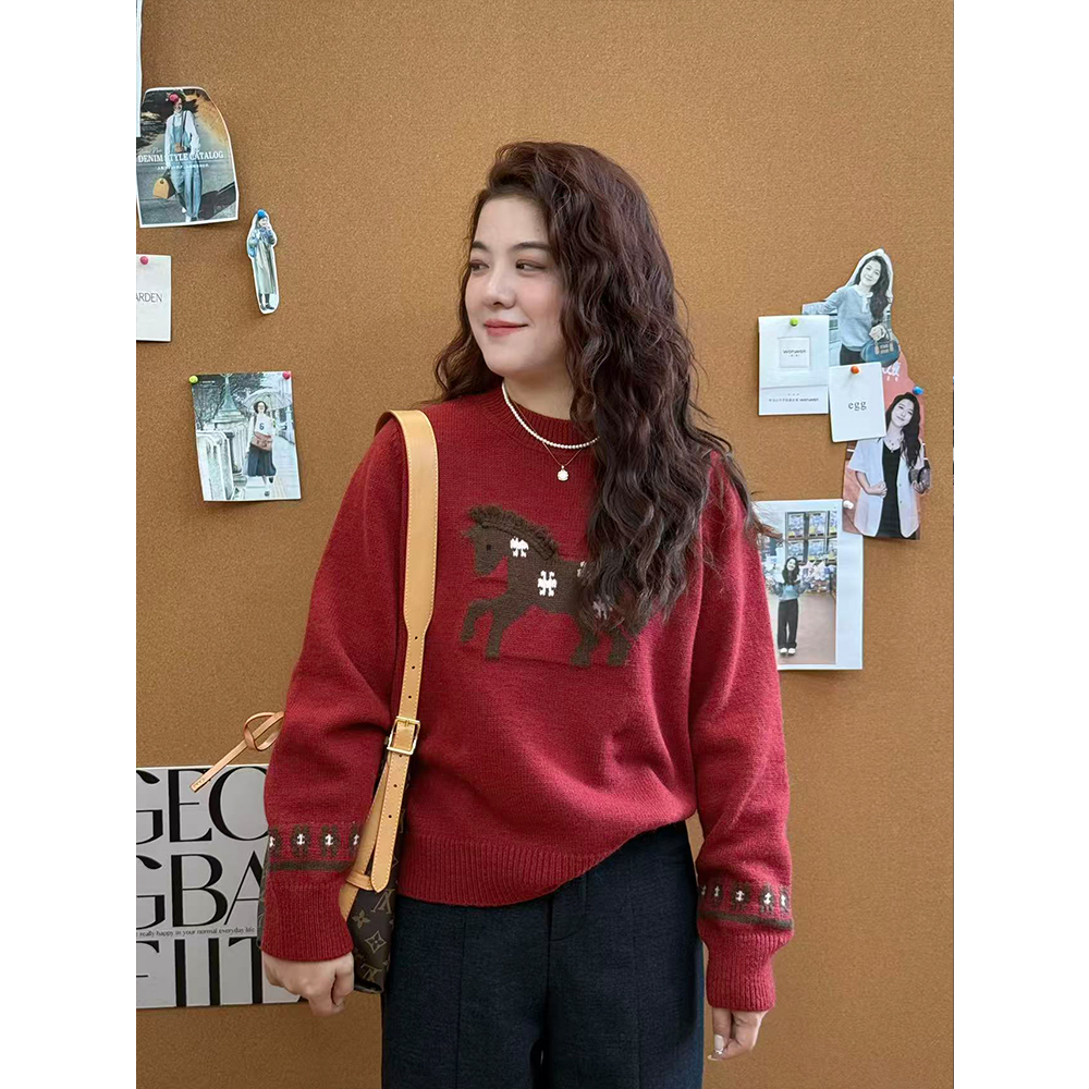 WenWen小个子2025秋冬新款圆领小马提花慵懒针织毛衣4701马上发财