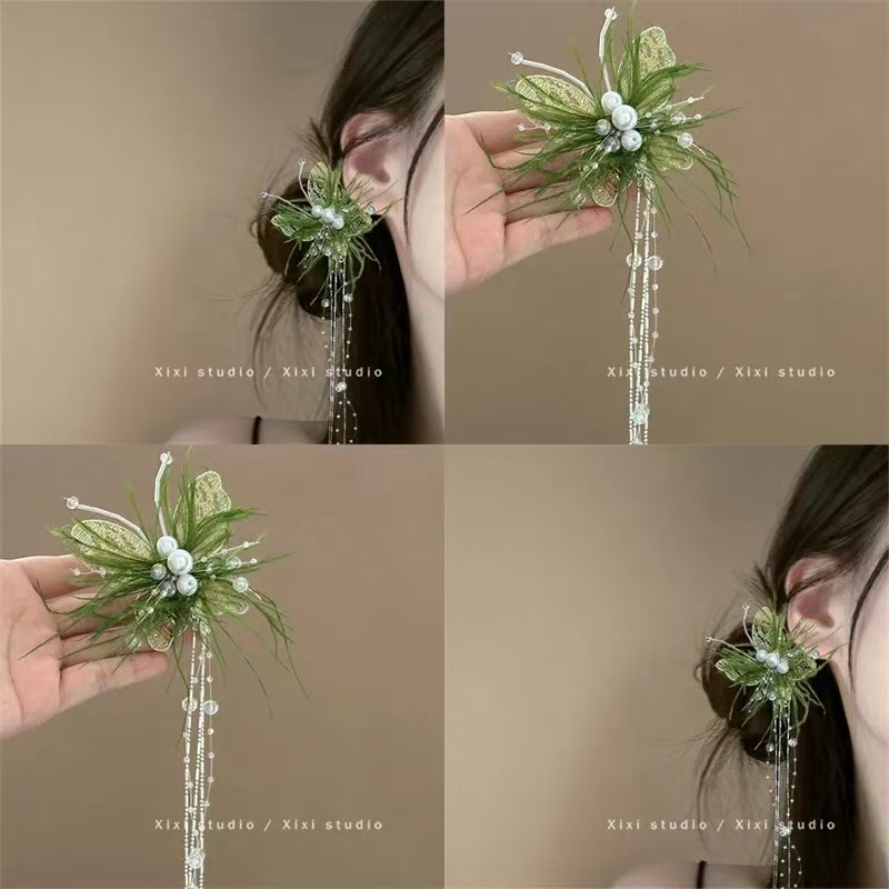 高级古风发饰汉服羽毛超仙蝴蝶仙气发夹绿色流苏夹子头饰侧边发卡