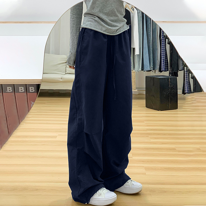 美式藏青色直筒阔腿休闲裤女秋季大码宽松显瘦梨形身材百搭运动裤